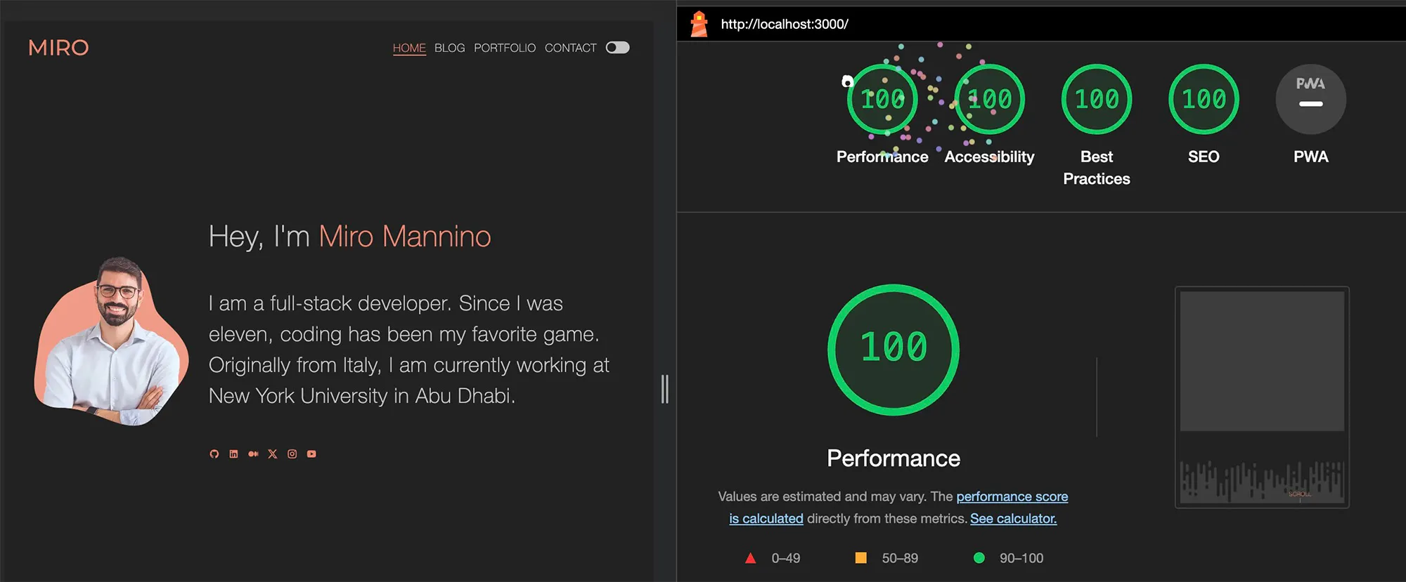 Lighthouse screenshot showing all 100 for this website